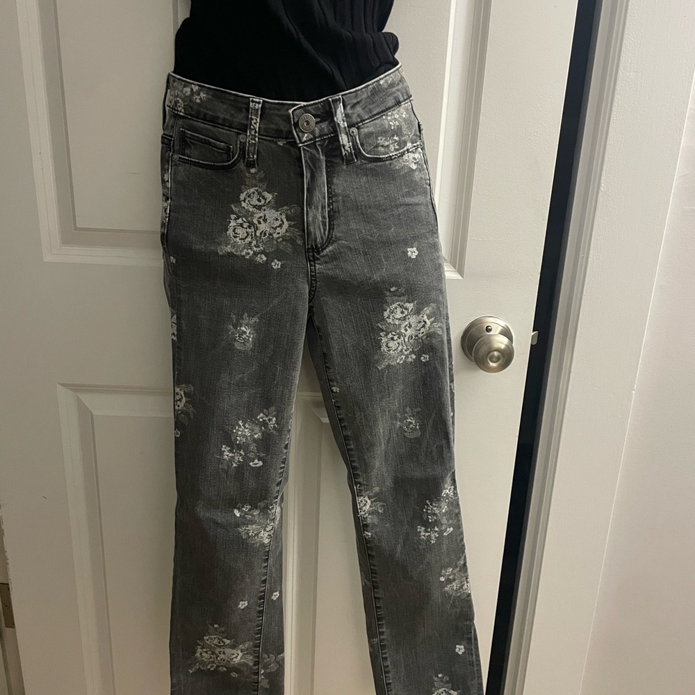 PAIGE Gray Floral Straight Leg Jeans